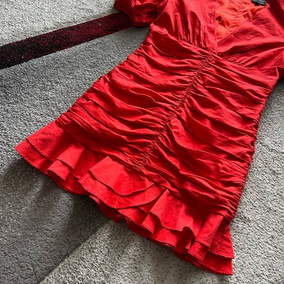 Bardot Revolve Red Ruched Puff Sleeve Ruffle Hem Mini Dress - Picture 5 of 7